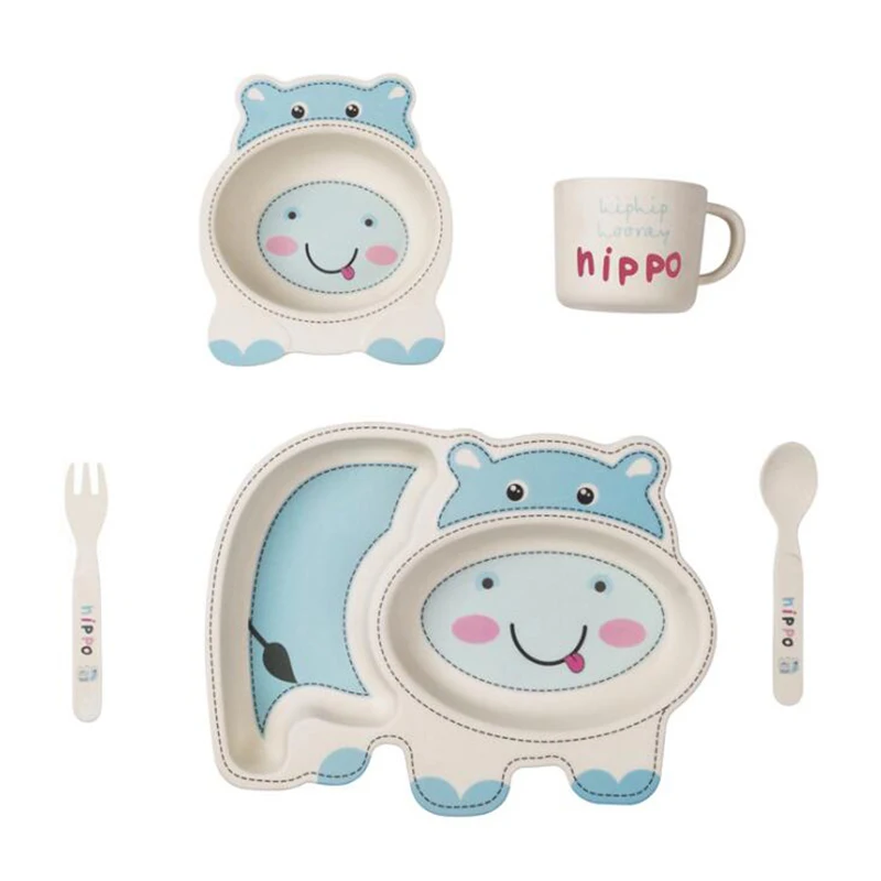 

5Pcs/set Bamboo Fiber Baby Feeding Bowl Plate Fork Spoon Cup Set Children Tableware Cartoon Separation Tray Dishes Baby Gift
