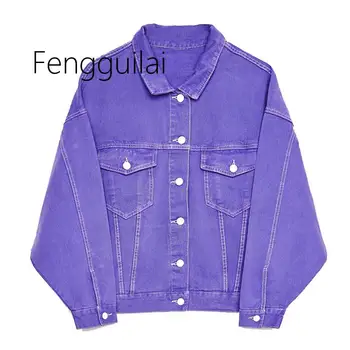 

Autumn Coat Street Style Women Denim Jacket Ultra Violet Oversize Topstitched Jeans Jacket Purple Chic Outerwear Coats