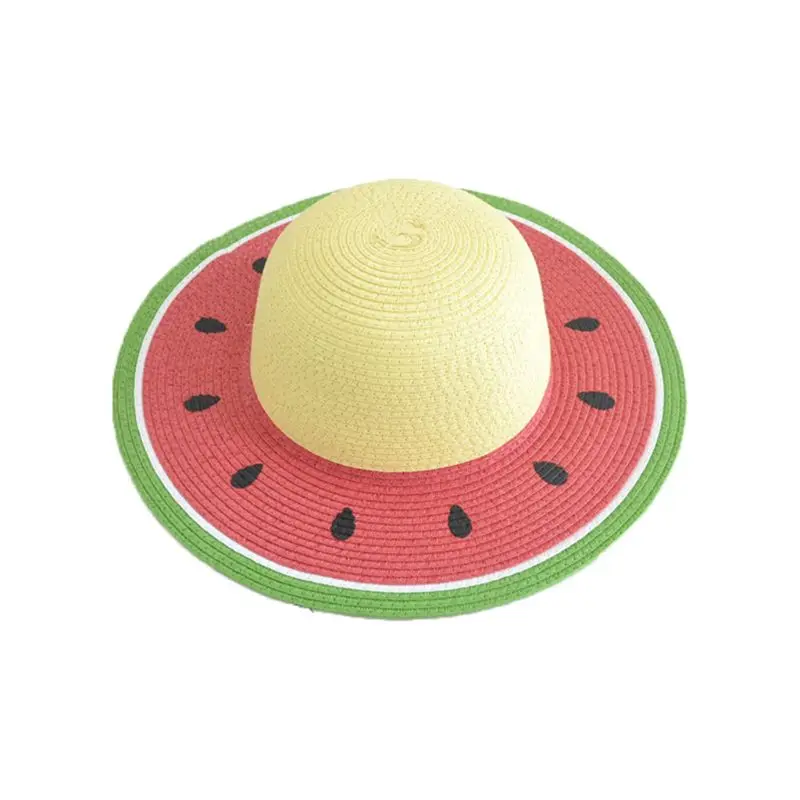 Взрослый ребенок летняя соломенная шляпа, солнцезащитный козырек в форме арбуза Семья с круглым УФ-защита пляжная кепка с покрывалом - Цвет: children red