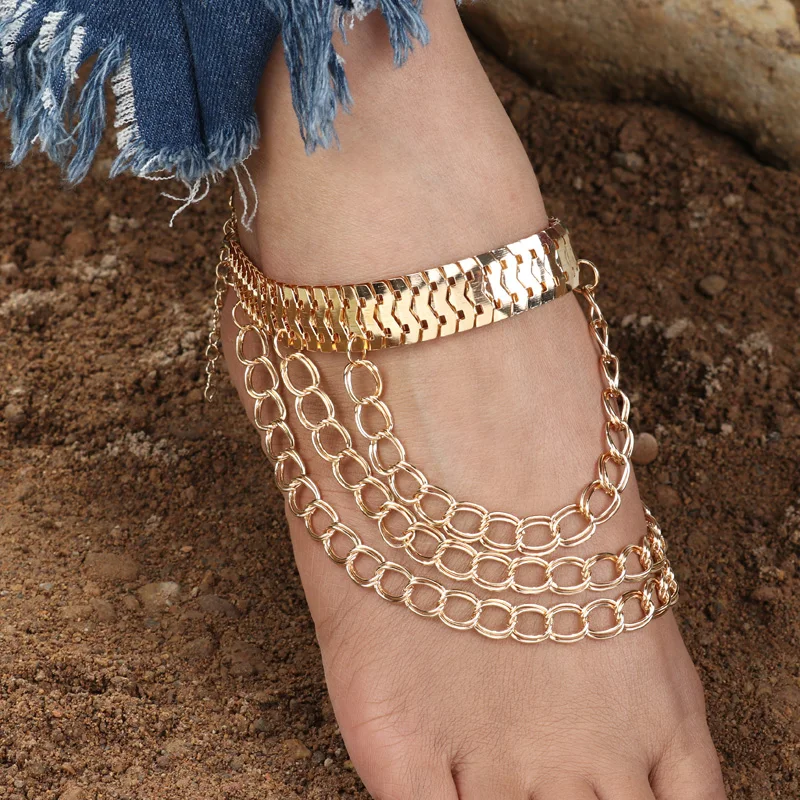 TenandeGoldColorPunkMetalChunkyChainTasselAnkletsStatement