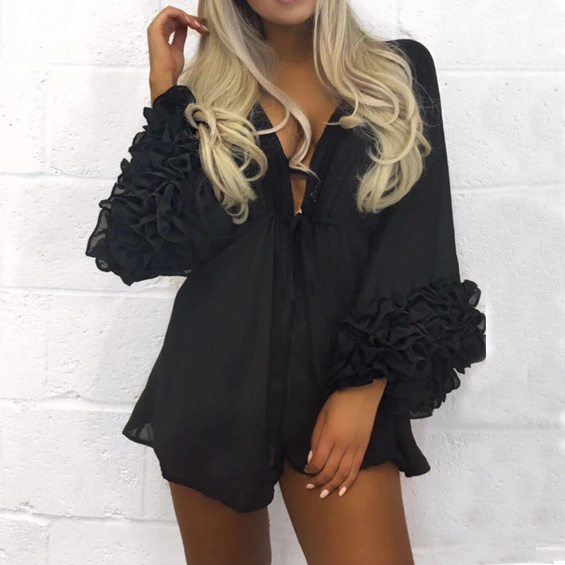 

Sexy Women Bikini Cover-Up Summer Plus Size Solid Lace-Up Long Sleeve Ruffles Top Swimwear Beachwear Bikini Cover Up Dress