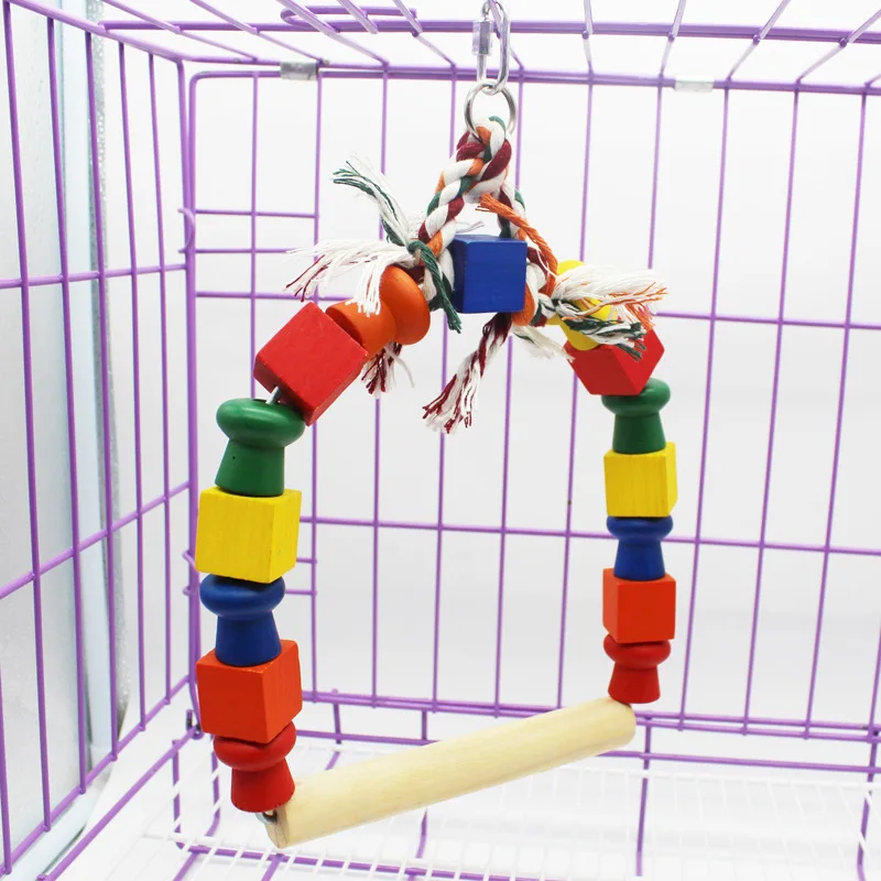 Parrot Budgie Wood Toy Pet Bird Swing Colorful Round Wooden Hanging