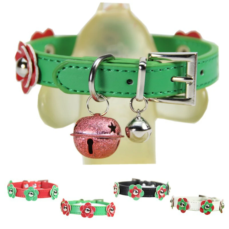 

New Fashion Christmas Pet Accessories Cats Dogs Collar with Bells PU Flowers Adjustable Dog Collar White Red Black Green