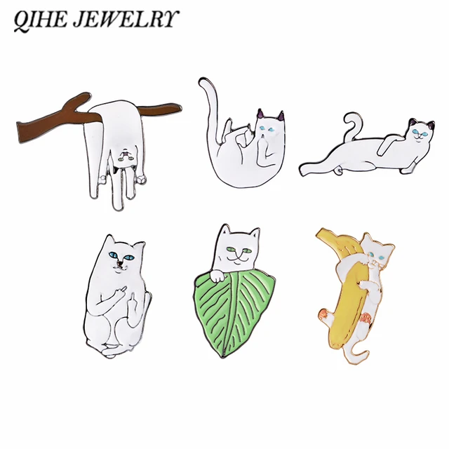 QIHE JEWELRY Cartoon Funny White Cat on Branch Pins Broochs Cat Lover Gift For G QIHE JEWELRY Cartoon Funny White Cat on Branch Pins Broochs Cat Lover Gift For G