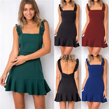 

Womens Pleated Ruffles Dress Summer Sleeveless Ladies Fashion Dress High Waist Solid Color Backless Summer Mini Dress