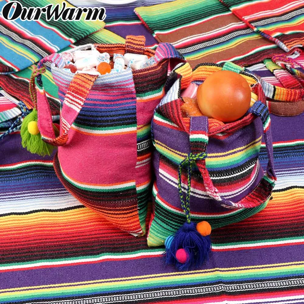 OurWarm 6pcs Mexican Wedding Cotton Gift Bags Striped Bag with Tassel