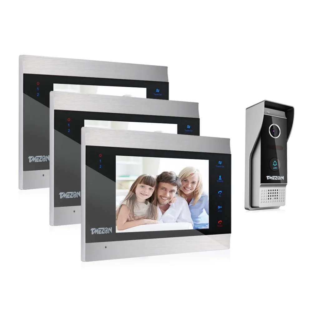 TMEZON 7 Inch TFT Wired Smart Video Door Phone Intercom System with 3 Night Vision Monitor + 1x1200TVL Rainproof Doorbell Camera
