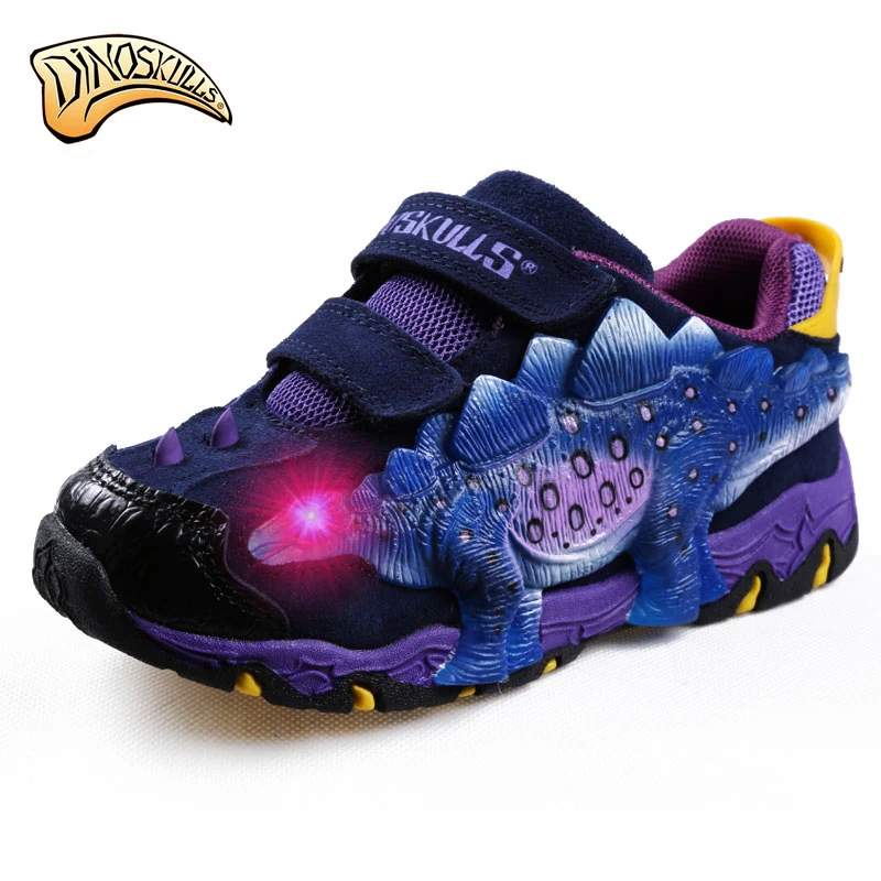 Dinoskulls Boys Light Up Shoes LED Kids Sneakers 3D Dinosaur Leather Children's Trainers 2019 Running Tenis Glowing Shoes