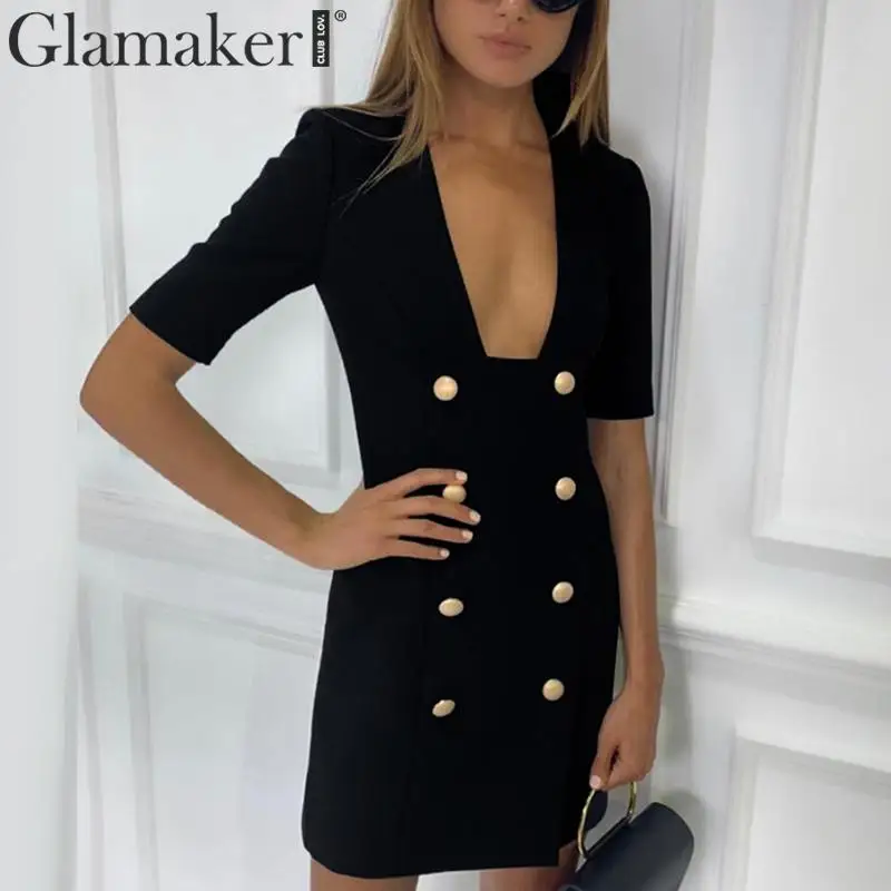 

Glamaker Black sexy bodycon mini dress women Summer short sleeve double-breasted dress Elegant female vintage v-neck party dress