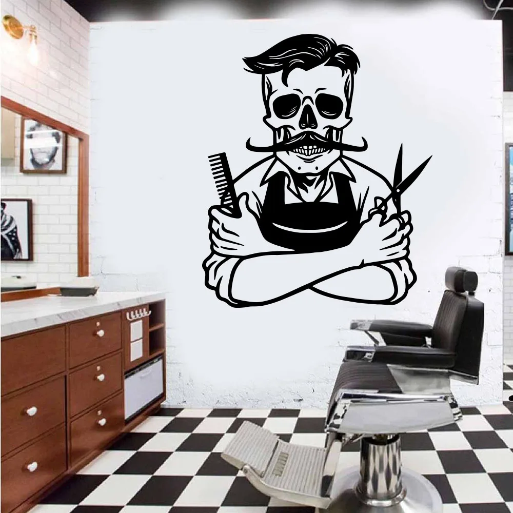 

Large Skeleton Barber Shop Wall Sticker Hair Hairdresser Barbershop Skull Wall Decal Vinyl Home Decor