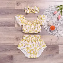 Для новорожденных, для маленьких девочек Костюмы 3 шт. с открытыми плечами для девочек-футболка с цветочным принтом Топы+ шорты+ повязка на голову, комплект одежды; богемный комплект, roupa infantil ropa bebe