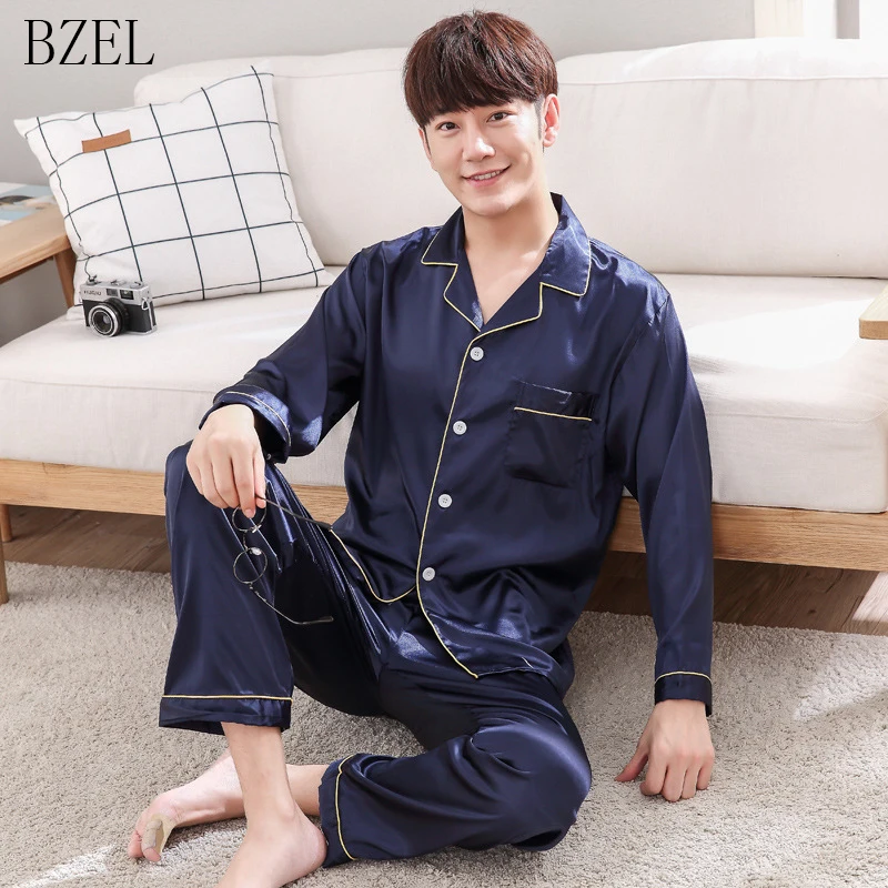 Bzel Two Piece Set Pajamas Sets Silk Satin Men S Sleep Suit Long Sleeve