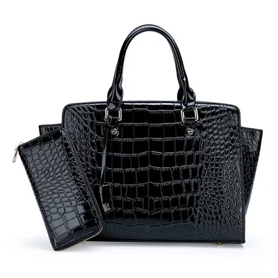 Дизайнерская сумка(в форме трапеции), высококачественные женские сумки из лакированной кожи, люксовый бренд, курьерские женские сумки, женская сумка, кошелек с крокодилом, набор - Цвет: 2pcs black bag set