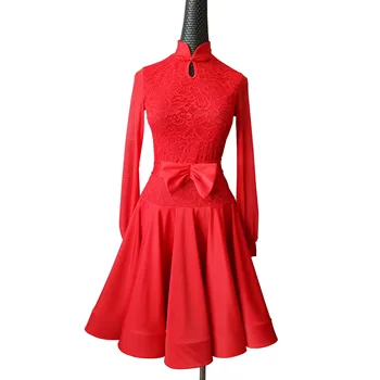 

Women Adult Children Red Latin Dance Dress Rumba Cha-cha Samba Cowboy Long Sleeve Skirt BY150