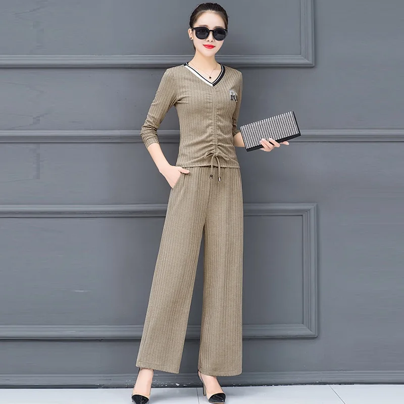 2018 New Autumn Winter Fashion Elegant Knitted Pant Suit 2 Piece Set Women V NECK Tops And Wide