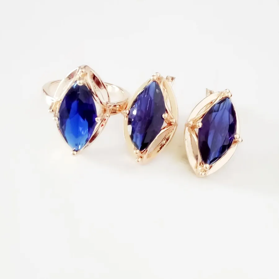 Office Jewelry Set Blue Stone Cubic Zircon Ring Sets Rose 585 Gold Color Anniversary Jewelry Ring+Earring Jewelry Sets for Women Office Jewelry Set Blue Stone Cubic Zircon Ring Sets Rose 585 Gold Color Anniversary Jewelry Ring+Earring Jewelry Sets for Women