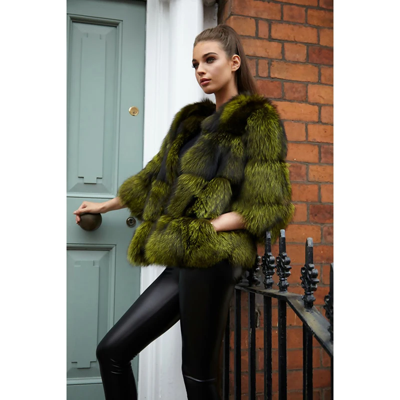 

Women Winter Natural Silver Fox Coat High Street Stained Fox Fur Jacket Women Thick Warm Striped Fur Coat Casual Slim Outwear