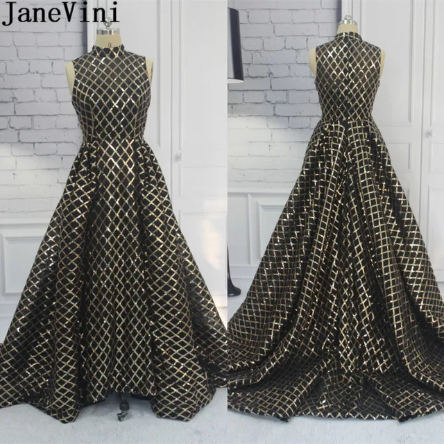 $US $289.00 JaneVini 2018 Bling Gold Sequins Formal Dress Long Saudi Arabia Luxury Women High Neck Gala Dress Sweep Train Bridesmaid Dresses