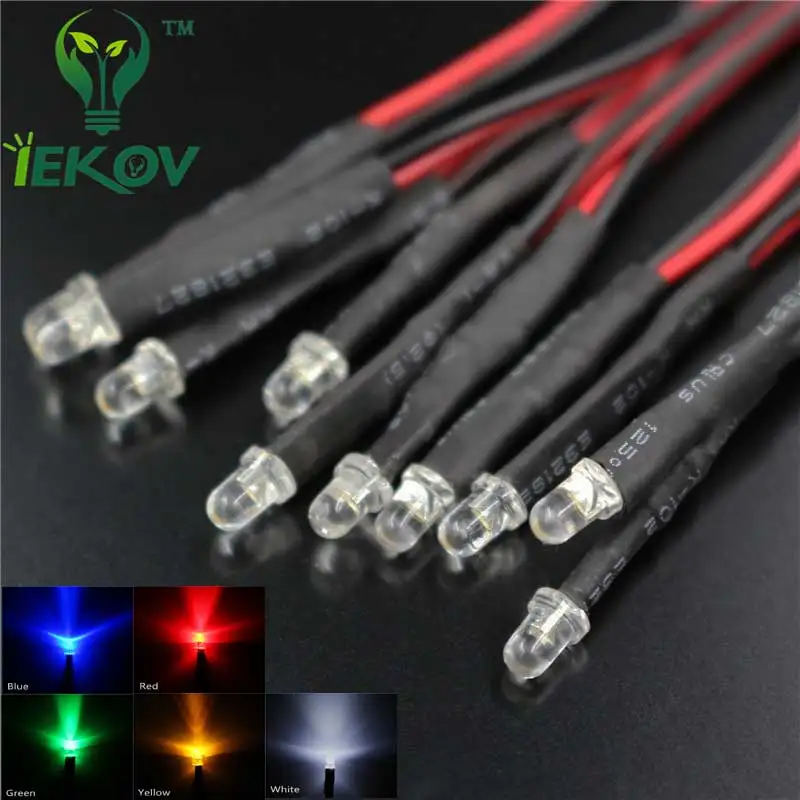 50 шт. LED диоды 3 мм 12 В Предварительно Проводные белые красные синие зеленые желтые