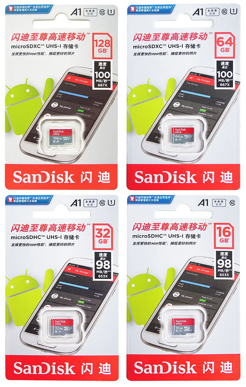 Карта памяти SanDisk 16 GB 32 GB Micro SD Card 64 GB 128 GB TF карты A1/A2 Class10 UHS-I U1/U3 SDXC V30 SDHC для Samrtphone/Tablet PC