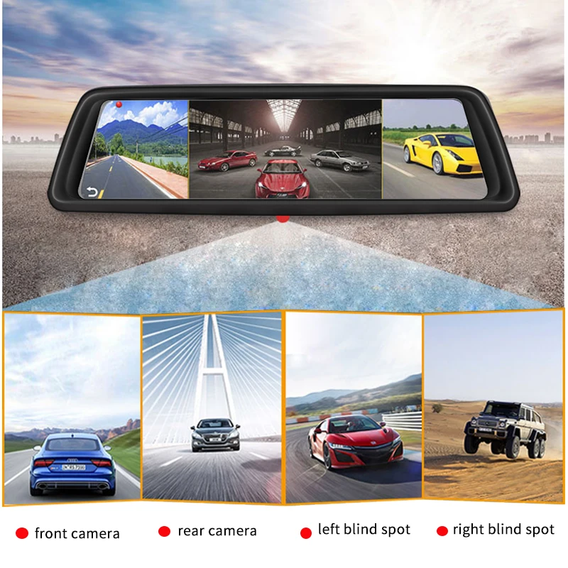  ANSTAR 10''Screen ADAS Car DVR With 4 Cameras 4G FHD1080P Media Rearview Mirror 360 Degree Blind Zo
