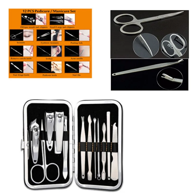 

12 PCS/set Dropship Nail Art Manicure Tools Set Nails Clipper Scissors Tweezer Knife Manicure Cleaner Cuticle Grooming Sets