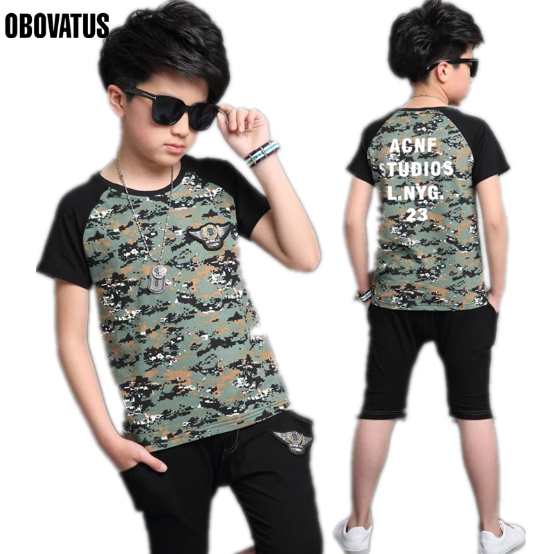 

Tracksuits for Boys Mosaic Camouflage Clothing Sets Kids Summer Outfits for Children Sports Clothes Set Cotton Tees & Pants Suit