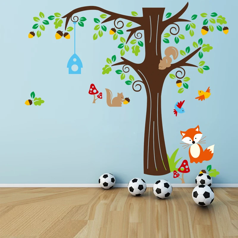 Animaux Renard Ecureuil Vert Feuilles Foret Wall Sticker Accueil Decal Papier Art Bricolage Murales Pepiniere Bebe Enfants Salon Decoration Aliexpress