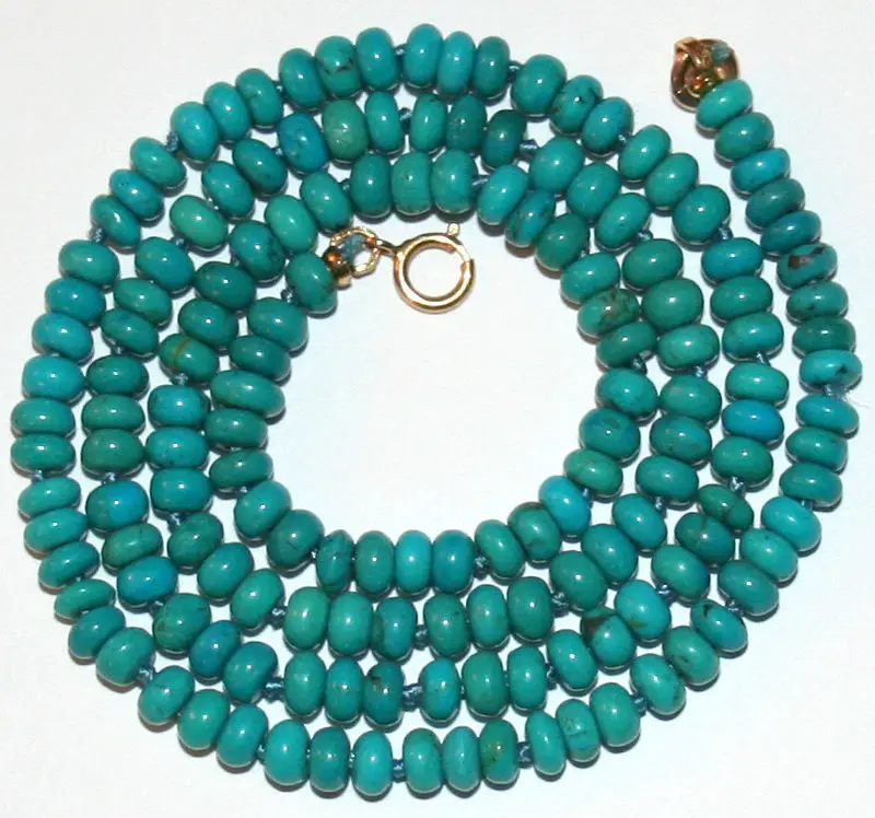 

1120 REAL TURQUOISE DISK BEADS GOLD CLASP FINE KNOTTED NECKLACE