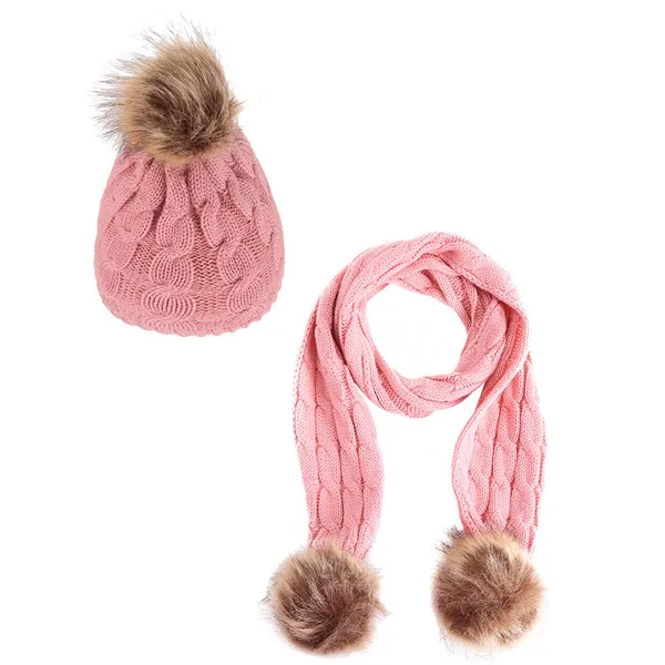 Детская шапка, шарф, детские теплые зимние шапки, толстая бархатная шапка и шарф, комплект для девочек и мальчиков, меховой помпон, вязаные шапочки - Цвет: color 3