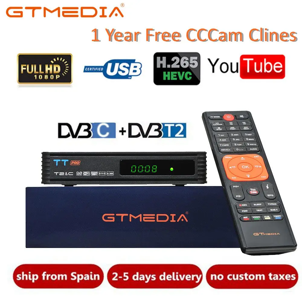

DVB T2 GTMEDIA TT Pro DVB-C DVB-T2/T Tunner TV Combo Terrestrial Receiver Support H.265+1 Year Europe Spain Italy Cccam 5 Lines