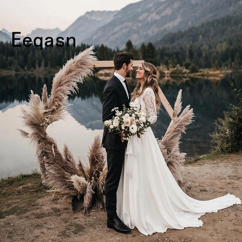 

Vintage Long Sleeves Wedding Dresses Lace Two Piece Illusion Bodice Boho Wedding Dress vestido de casamento curto 2020