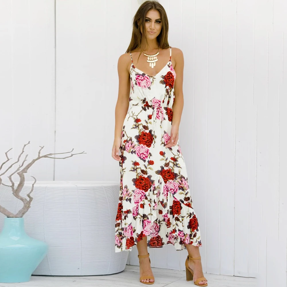 

Versear Women Spaghetti Strap Print Summer Dress V Neck Sleeveless Drawstring Waist Asymmetric Ruffle Hem Beach Dress Vestido