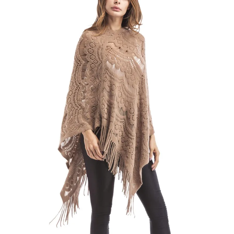 

ROPALIA Women British Style Poncho Autumn Winter scarf Tassel Cardigan Coat Knitted Ponchos and capes Warm Shawls Scarves Femme