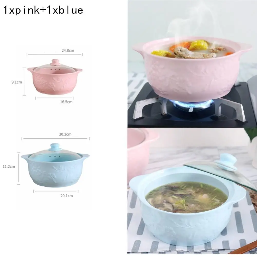 

AsyPets 2PCS/Set Classic Ceramic Pot Used on Stove Cooking Pot Blue 3.3L + Pink 1.6L