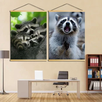 

Home Decor Canvas Poster Print Raccoon Tree Wall Art Animal Modern Nordic Style Solid Wood Hanging Scrolls Painting for Bedroom