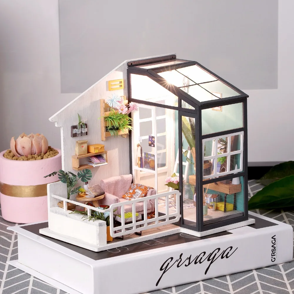 

Robotime DIY Miniature Wooden Dollhouse with Furnitures Model Building Kits Handmade Doll House Toys DGM05 Balcony Daydreaming