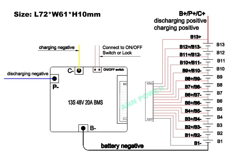 48V для е-байка литиевый аккумулятор BMS 13S 48V 20A BMS зарядки Напряжение 54,6 V с функцией баланса и вкл/выкл BMS/PCM