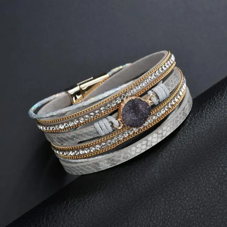 

Hot Vintage Stone Crystal Charm Bracelets & Bangle For Women Men Fashion Female Handmade Multilayer Leather Wristband Bracelet