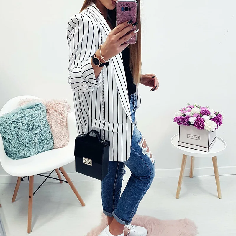 High quality blazer women's outerwear office professional jacket casual sexy open long sleeve striped small suit