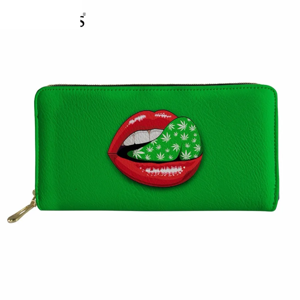 

Fashion Green 3D Leaf/Red Lips Printing Woman's Long PU Leather Wallet Waterproof Credit Card Holder Cash Money Bags Murse Sumka