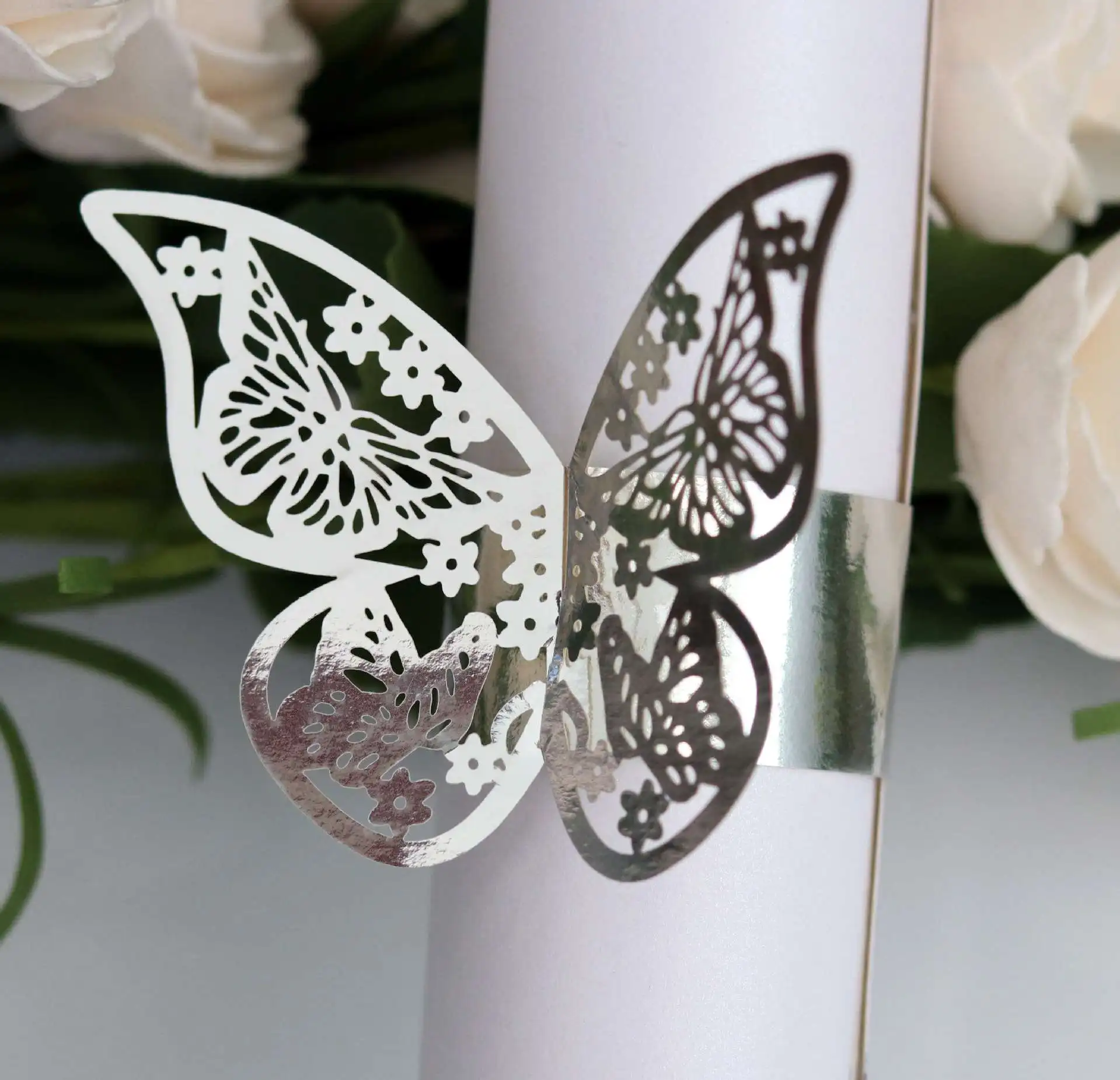 butterfly ref-silver 100 шт красивая любовь бумажное кольцо бабочка Башня Пряжка Салфетка кольцо лазерное полое бумажное кольцо Свадьба фестиваль вечерние блага - Цвет: butterfly ref-silver