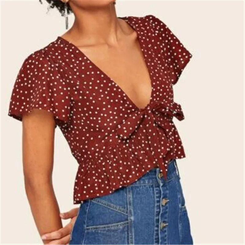 

Women Pleated Crop Top Camisole 2019 Sexy Polka Dot Short Sleeve Vest Slim T Shirts Female Casual Deep V Neck Bow Tees 2 Styles