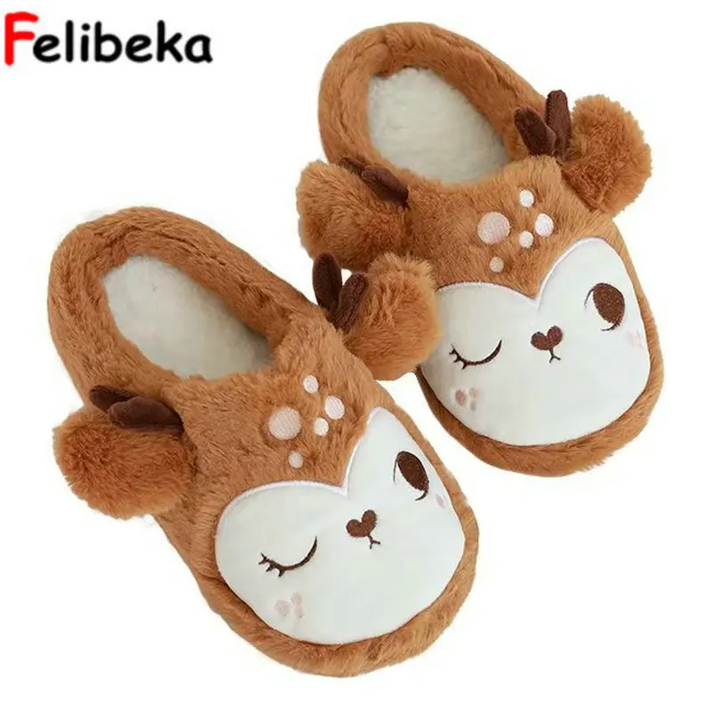 

FELIBEKA Autumn and winter cute red deer lovers plush slippers home indoor floor non-slip cotton women shoes 2colours slippers