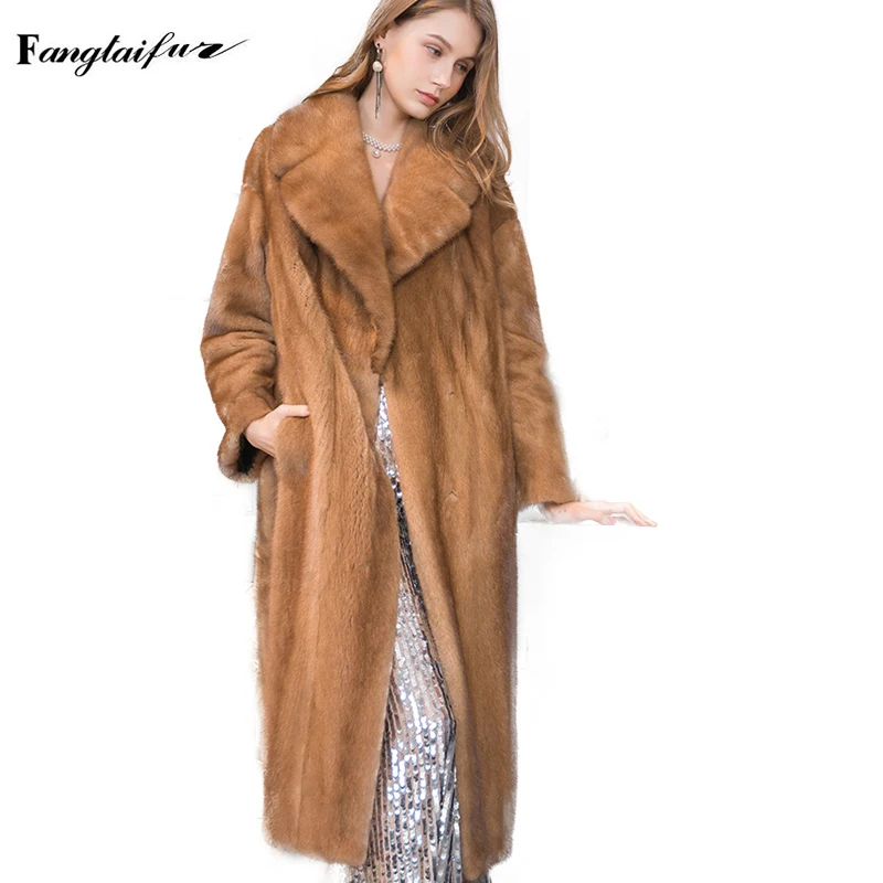 

Fang Tai Fur 2019 Import Velvet Mink Fur Coat Turn-Down Collar Full Sleeve X-Long Mink Coat Pure Brown Soft Real Mink Fur Coats