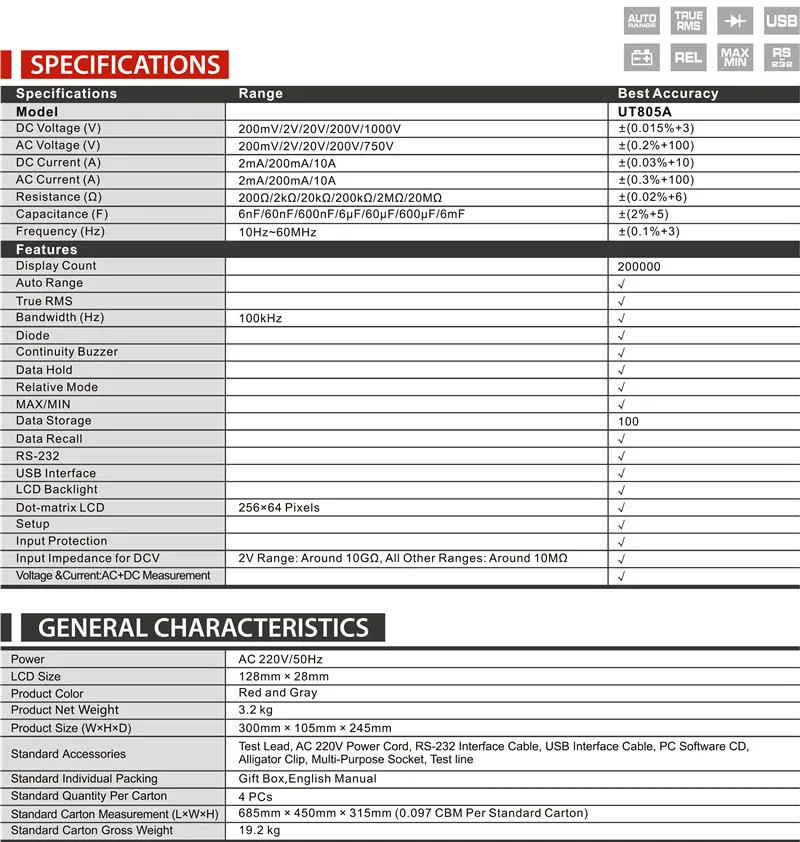 UNI-T UT805A Автоматический диапазон настольный цифровой мультиметр; истинный RMS цифровой мультиметр; RS-232/USB интерфейс, дисплей 199999Max