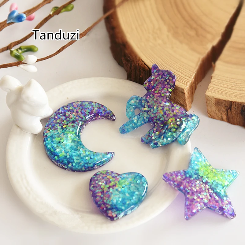 

Tanduzi Hot 20PCS Moon Star Heart Unicorn Flatback Blue Glitter Resin Cabochons DIY Home Decoration Accessories Decoden