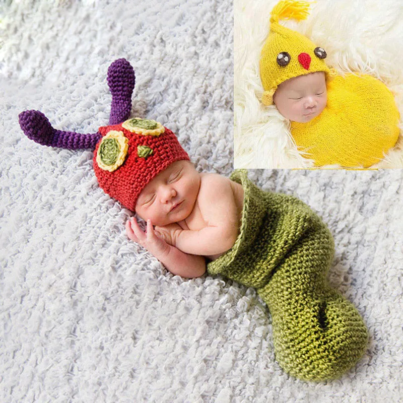 Newborn Yellow Little Chick Chicken Cosplay Costumes for Baby Photo Props Handmade Knitted Gift Sleeping Bag | Детская одежда и