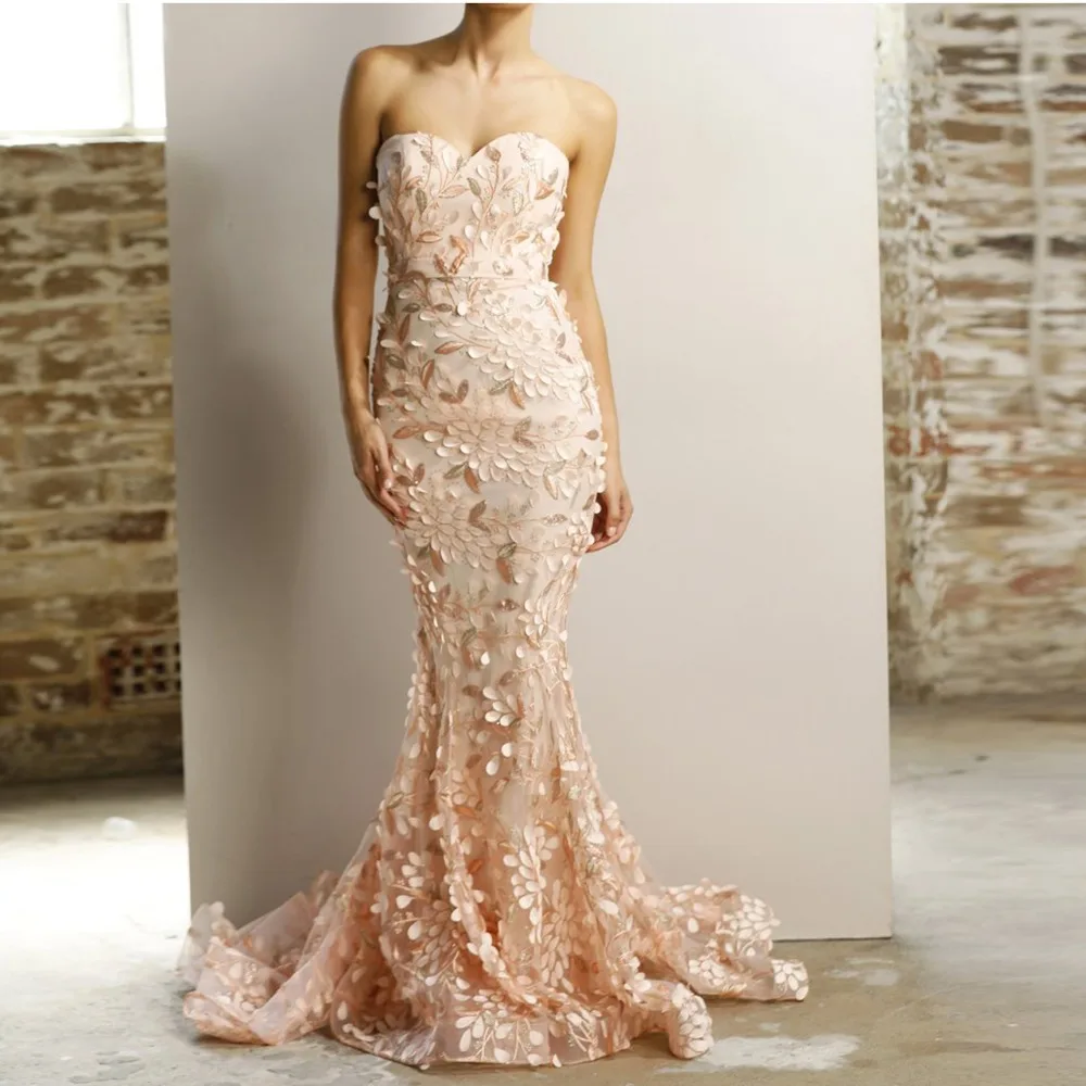Unique Leaf Lace Mermaid Prom Gowns Fashion Peach Color Long Formal Evening Party Dresses Sweetheart Off Shoulder Abendkleider
