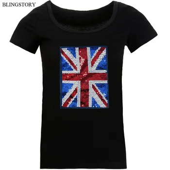 

BLINGSTORY Plus Size Women Short Sleeve UKFlag Sequin Tshirt Lady Tee Tops Summer Casual Camisa Femenina O-neck Basic T Shirt